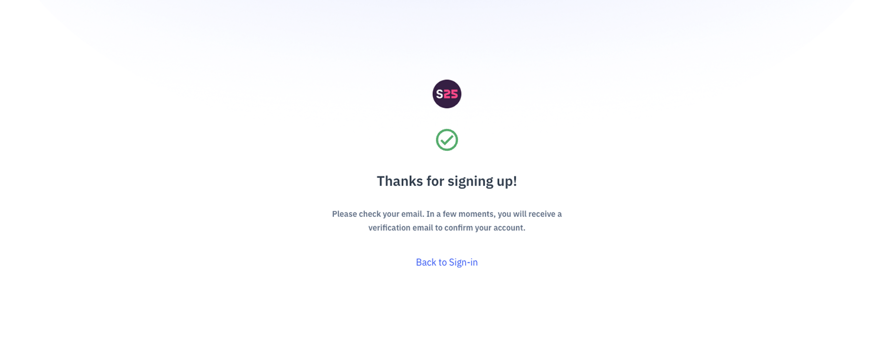 The sign up confirmation page.